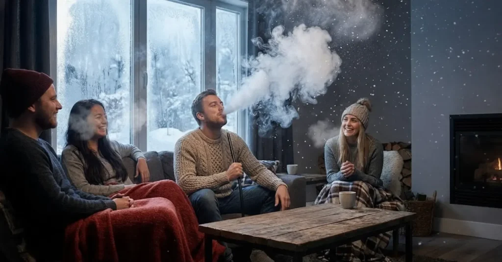 Friends enjoying a winter shisha session with Mezza North, creating thick vapor clouds that mimic a snowy atmosphere indoors.