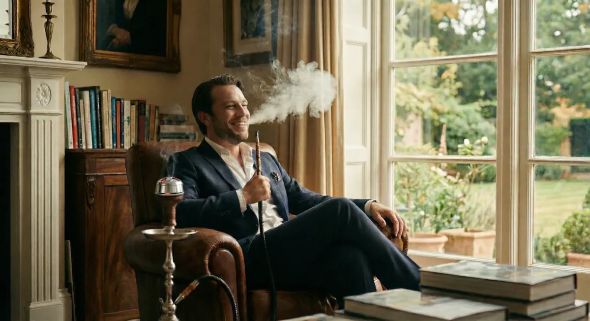 A well-dressed man smiling and relaxing in a classic brown leather armchair by a large window, exhaling a thick cloud of smoke as he enjoys a premium hookah flavor mix in a sophisticated, sunlit living room.