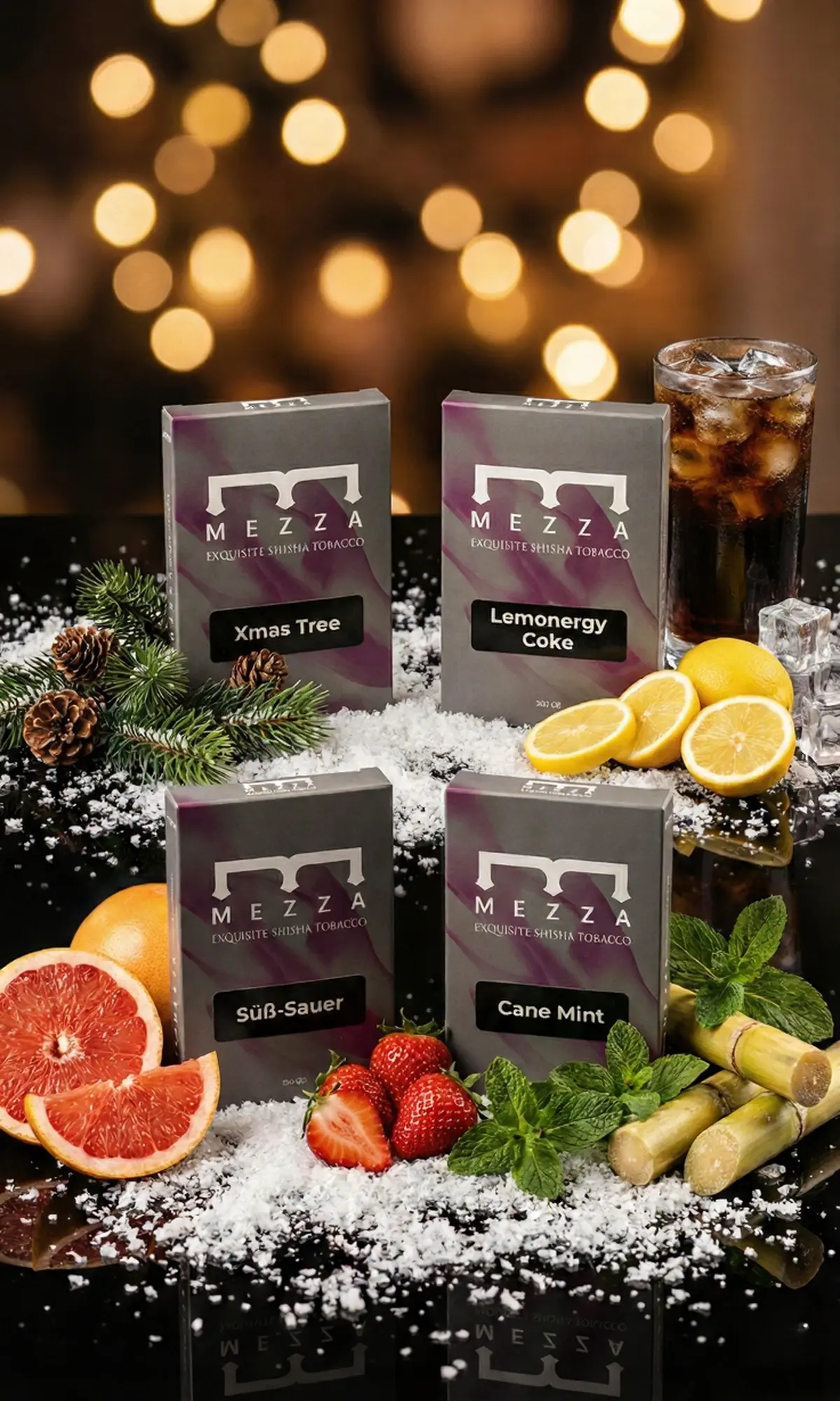 The Spiced Winter Cola hookah flavor mix featuring Mezza tobacco boxes of Xmas Tree, Lemonergy Coke, Süß-Sauer, and Cane Mint, styled with a refreshing glass of cola, fresh lemons, strawberries, and mint on a snowy surface.