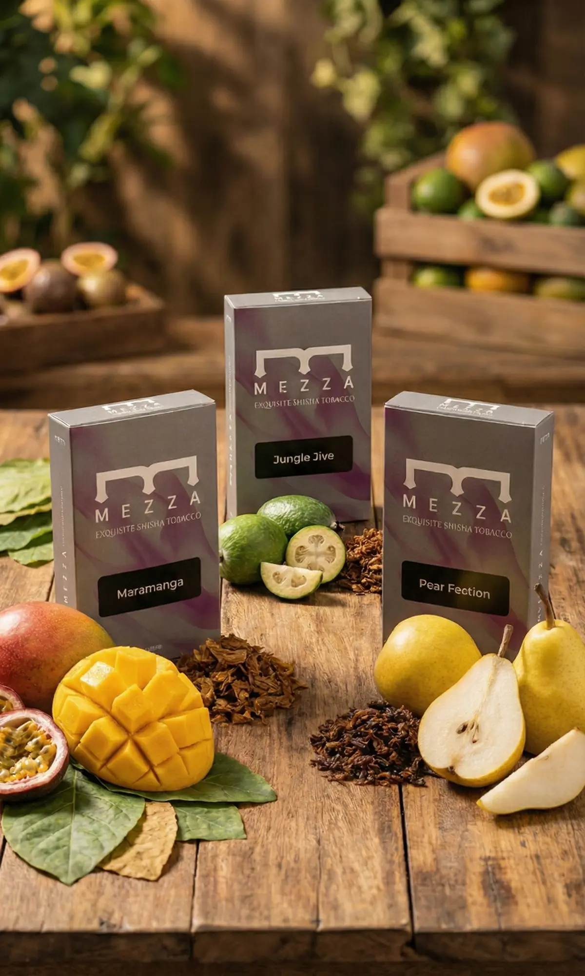 The Tropical Canopy hookah flavor mix laid out on a wooden table, showcasing Mezza's Maramanga, Jungle Jive, and Pear Fection shisha boxes right alongside fresh mango, passionfruit, feijoa, and sliced pears.