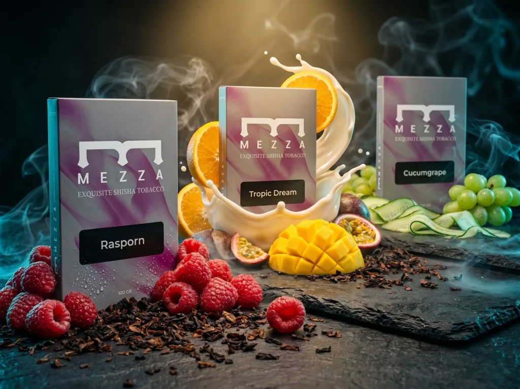A vibrant and fresh setup featuring Rasporn, Tropic Dream, and Cucumgrape dark leaf shisha by Mezza, surrounded by fresh raspberries, mango, cucumber, and a playful splash of milk.