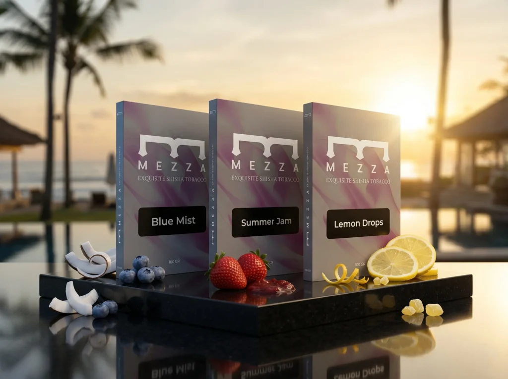 Mezza's Blue Mist, Summer Jam, and Lemon Drops dark leaf shisha boxes beautifully arranged with fresh strawberries, lemons, blueberries, and coconut against a stunning sunset beach background.