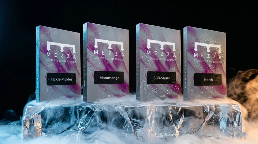 Four boxes of Mezza dark leaf shisha—Tickle Pickles, Maramanga, Süss-Sauer, and North—elegantly displayed on a block of glowing ice with cool vapor rolling around the scene