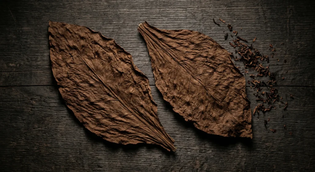 Two large, textured air-cured Burley tobacco leaves resting on a rustic wooden table, showcasing the natural foundation used to create premium dark leaf shisha.