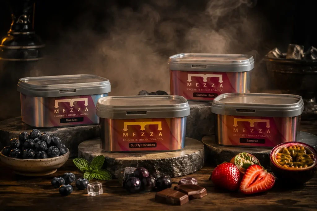 Mezza shisha tobacco flavours displayed with fresh fruit, berries and chocolate